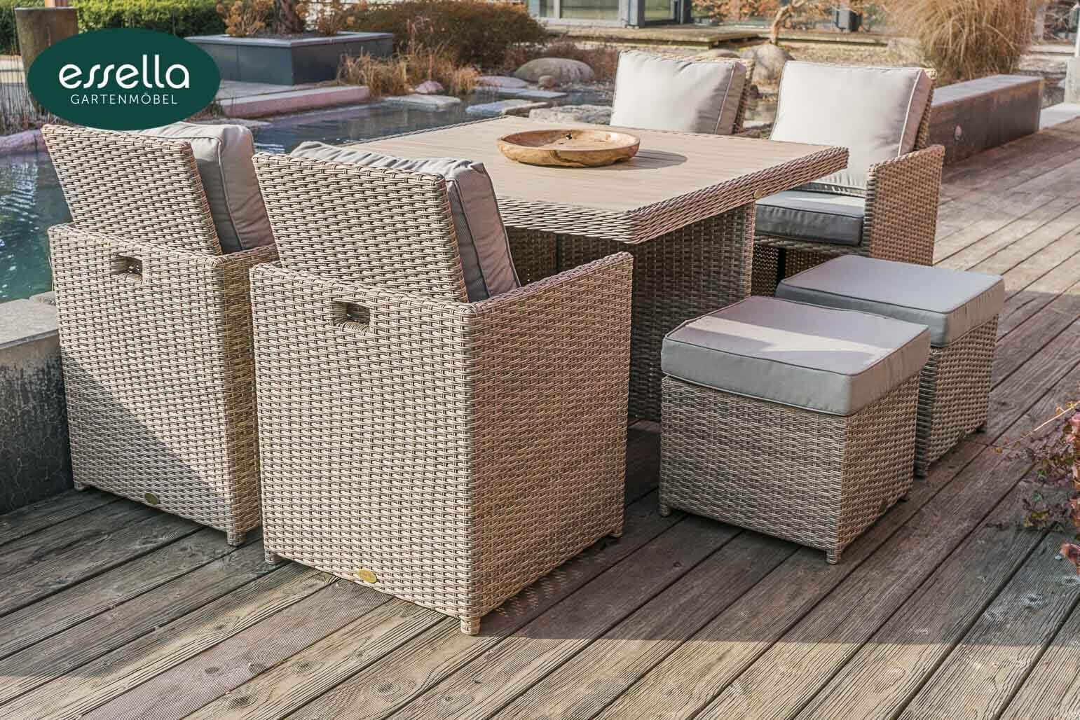 Essella Polyrattan Sitzgruppe "Vienna" : hellbraun : rundgeflecht - optik : polywood - Tischplatte : gartenmode.de