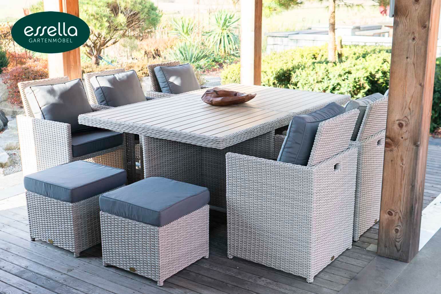 Essella Polyrattan Sitzgruppe "Vienna 6 er" : vintage weiss : rundgeflecht - optik : polywood - Tischplatte : gartenmode.de