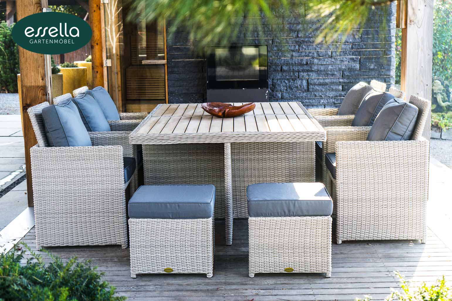 Essella Polyrattan Sitzgruppe "Vienna 6 er" : vintage weiss : rundgeflecht - optik : polywood - Tischplatte : gartenmode.de