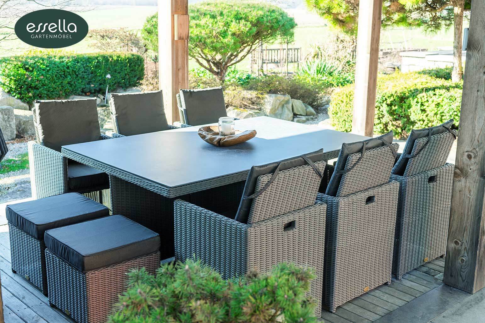 Polyrattan Sitzgruppe Vienna 6-Personen Rundgeflecht Keramikplatte Grau Rundgeflecht