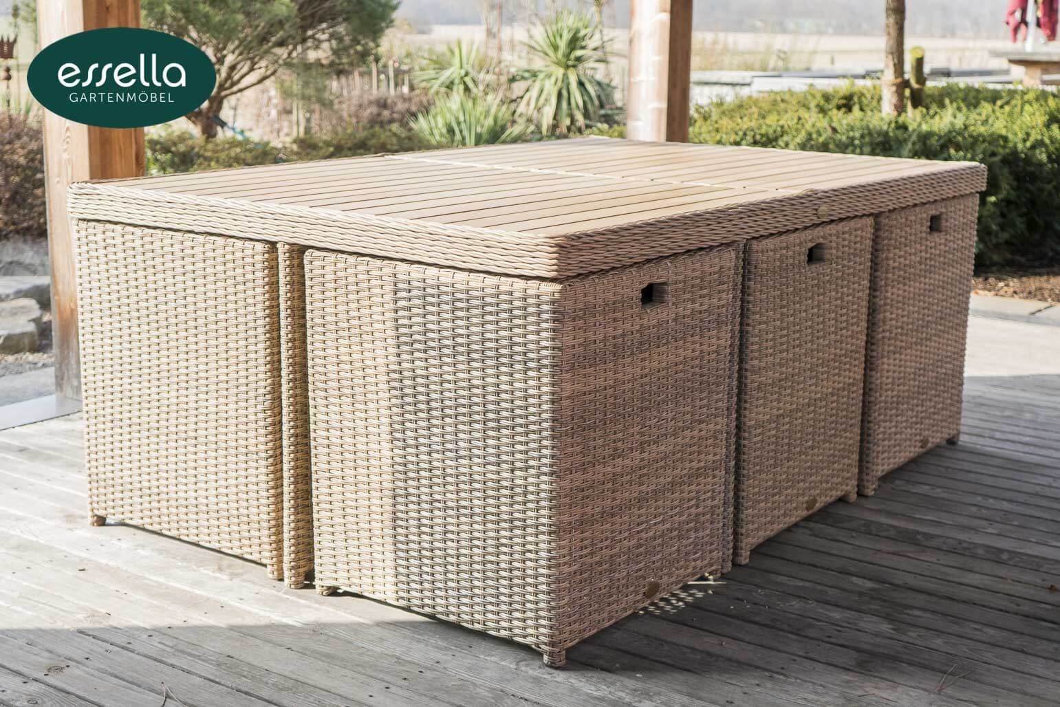 Essella Polyrattan Sitzgruppe "Vienna 6 er" : hellbraun : rundgeflecht - optik : polywood - Tischplatte : gartenmode.de