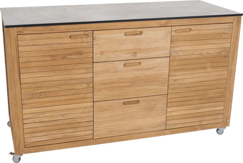 Teakholz Sideboard Elma 3 Schubladen 2 Türen inkl. Arbeitsplatte Silverstar Quartz