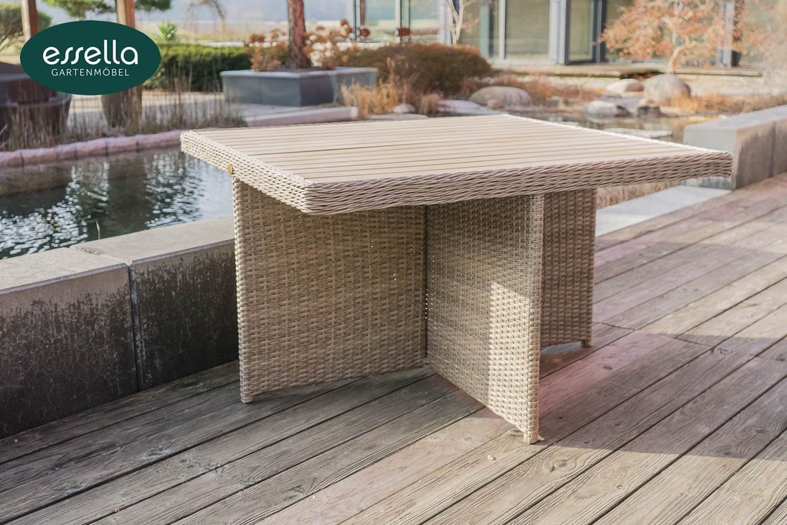 Essella Polyrattan Sitzgruppe "Vienna" : hellbraun : rundgeflecht - optik : polywood - Tischplatte : gartenmode.de