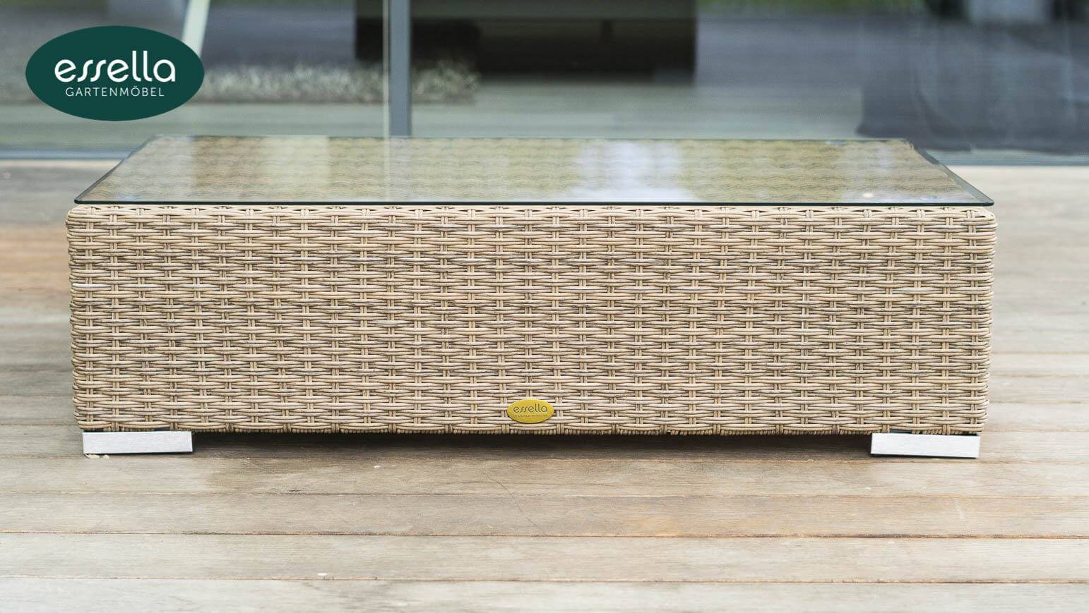 Essella Polyrattan Tisch mit Glasplatte "Miami" : hellbraun : halbrundgeflecht : gartenmode.de
