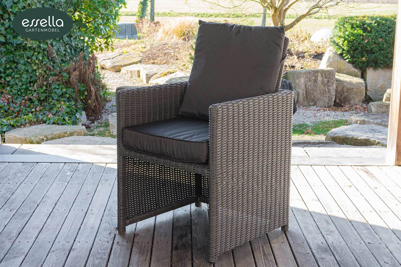 Polyrattan Sitzgruppe Vienna 6-Personen Rundgeflecht Keramikplatte Grau Rundgeflecht