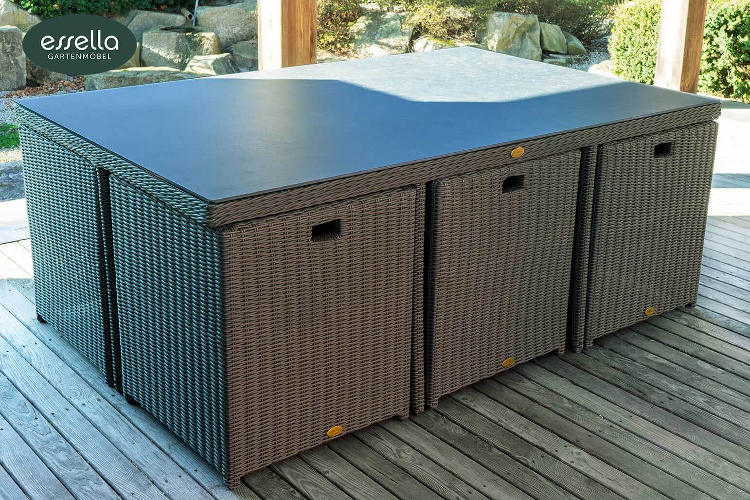 Polyrattan Sitzgruppe Vienna 6-Personen Rundgeflecht Keramikplatte Grau Rundgeflecht