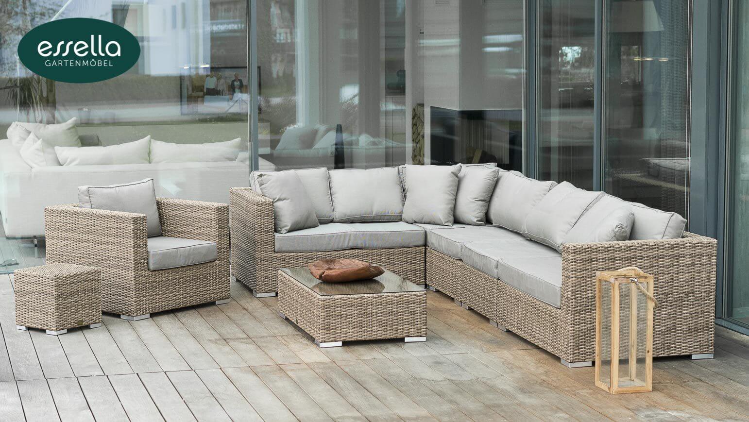 Essella Polyrattan Tisch mit Glasplatte "Miami" : hellbraun : halbrundgeflecht : gartenmode.de