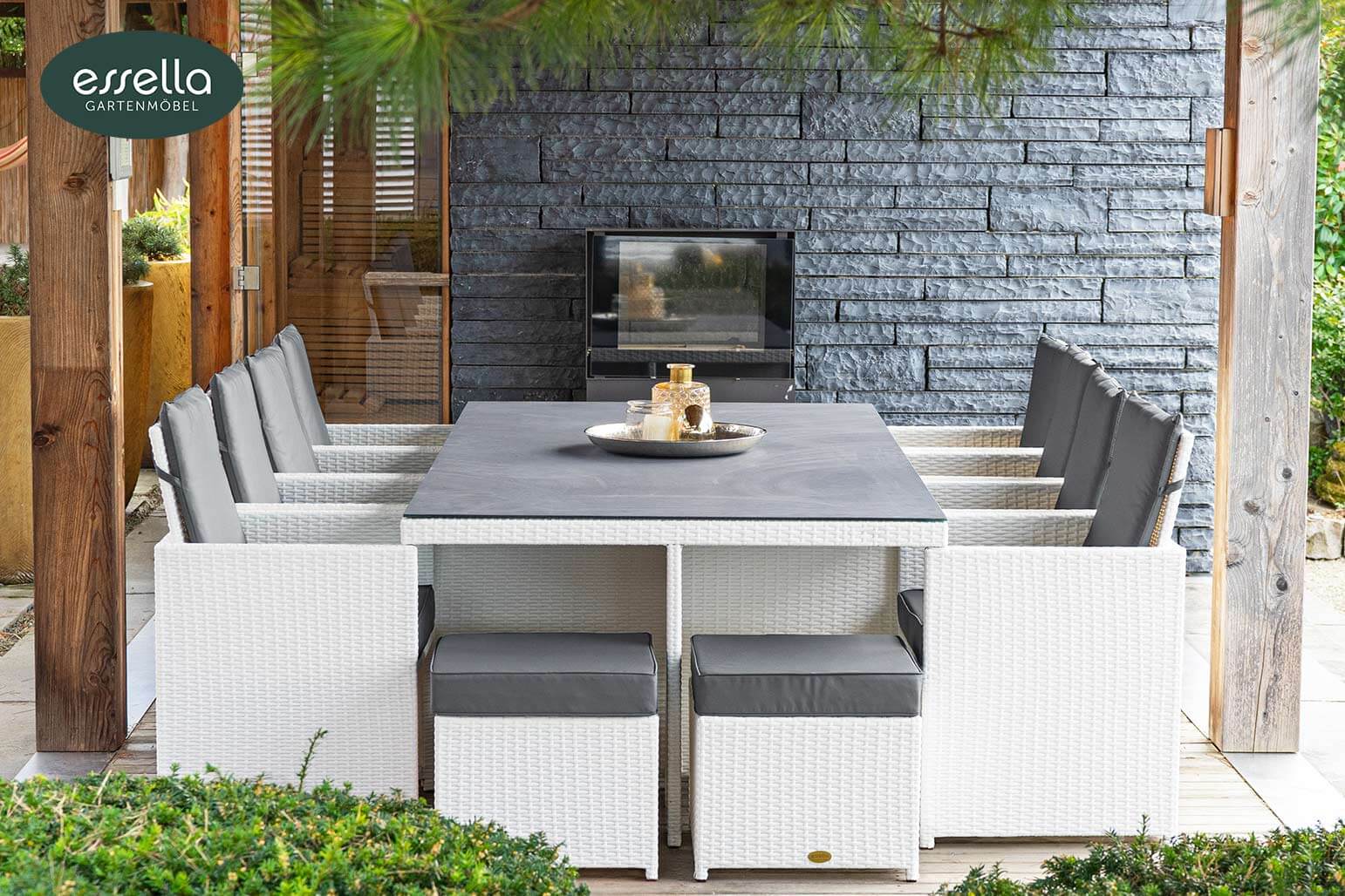 Polyrattan Sitzgruppe Vienna 8-Personen Flachgeflecht weiß Keramik 