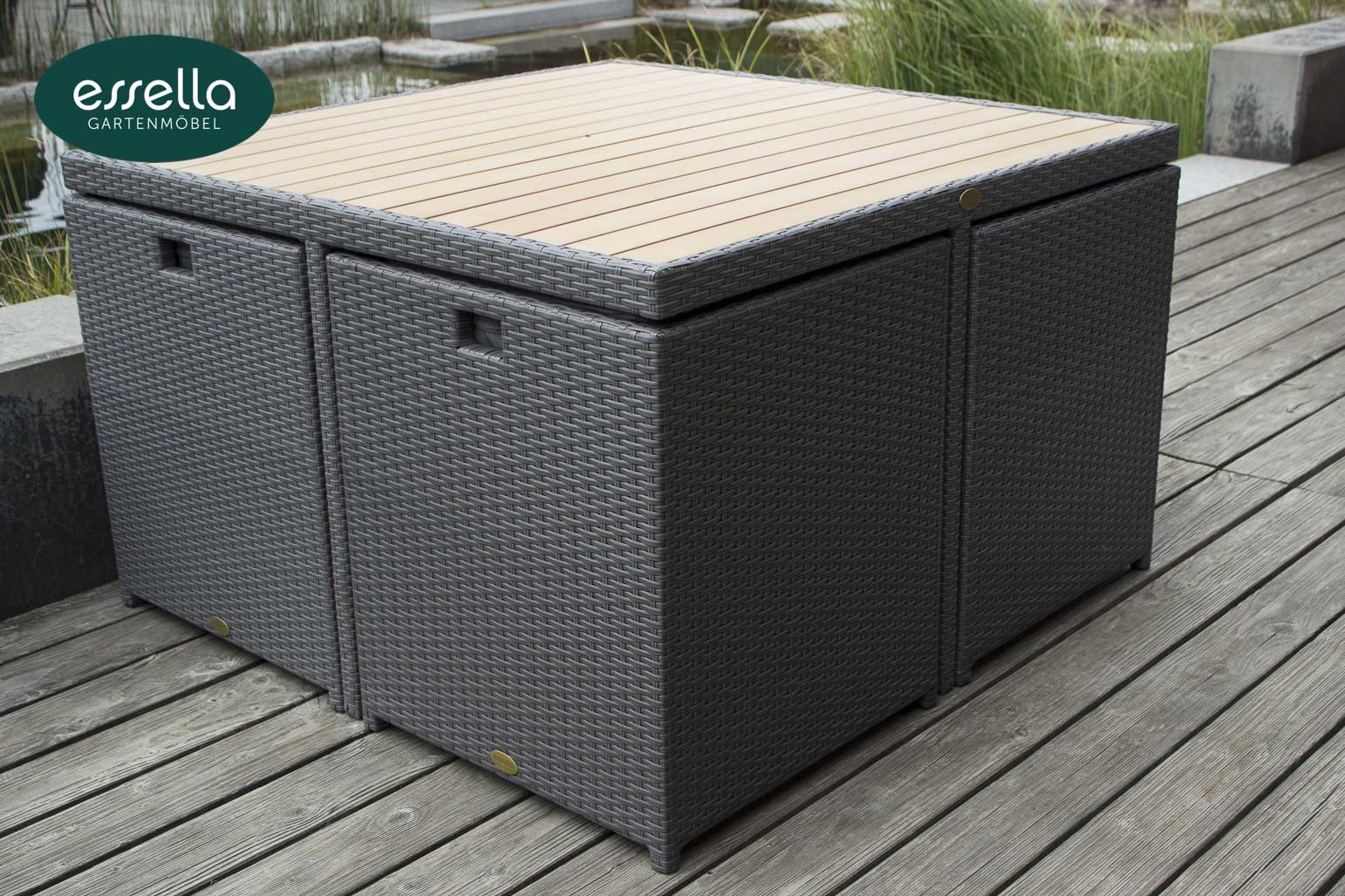 Essella Polyrattan Sitzgruppe "Vienna" : grau : flachgeflecht : polywood : gartenmode.de