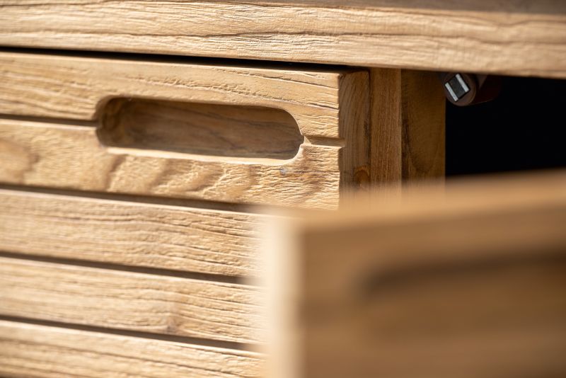 Teakholz Sideboard Elma 2 Türen inkl. Arbeitsplatte Silverstar Quartz