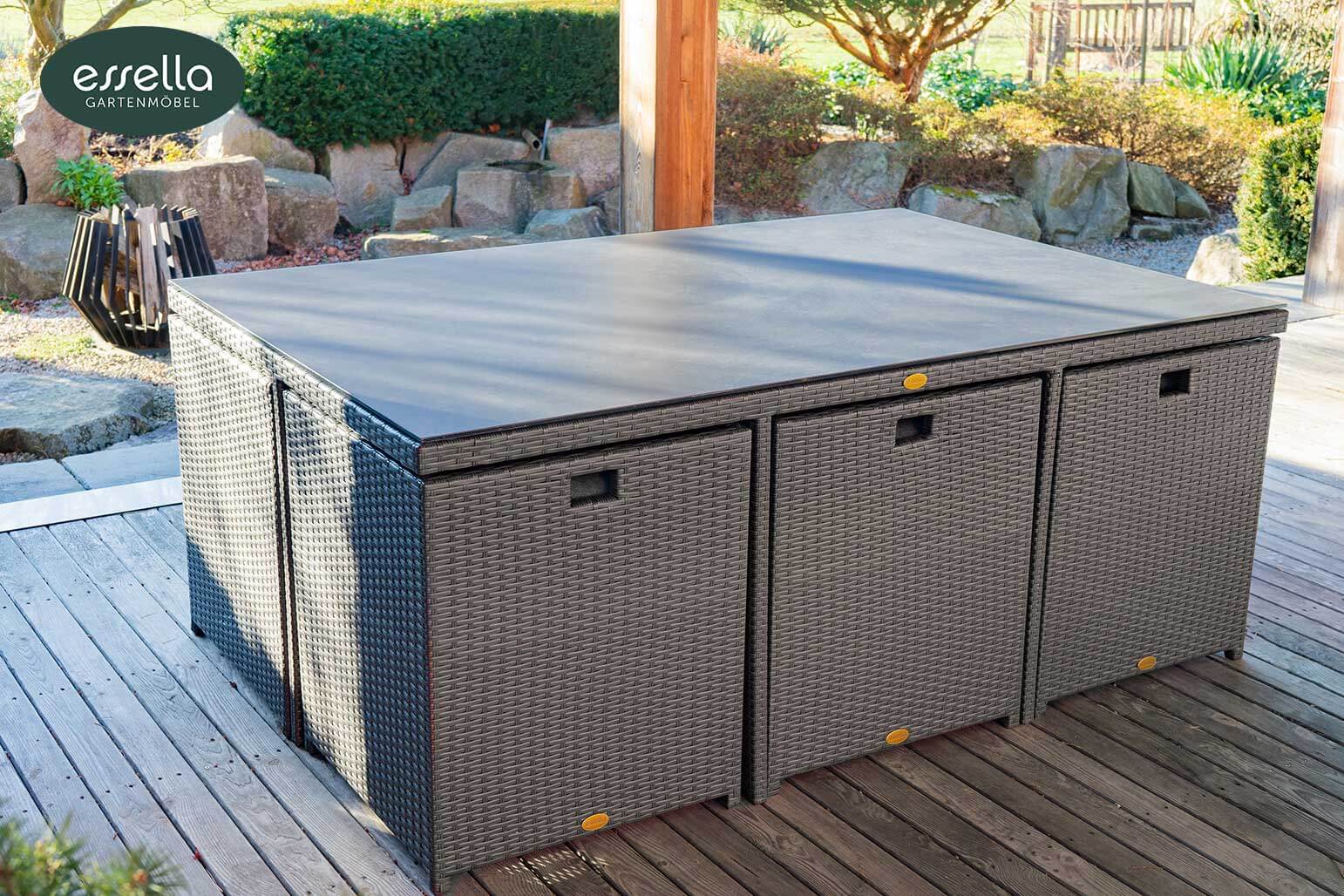 Polyrattan Sitzgruppe Vienna 6-Personen Flachgeflecht Keramikplatte