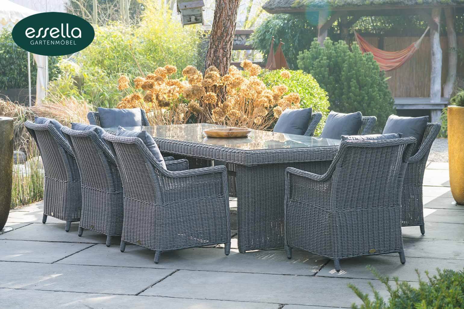 Essella Polyrattan Sitzgruppe „Dubai“ 8-Personen : grau-meliert : rundgeflecht - gartenmode.de
