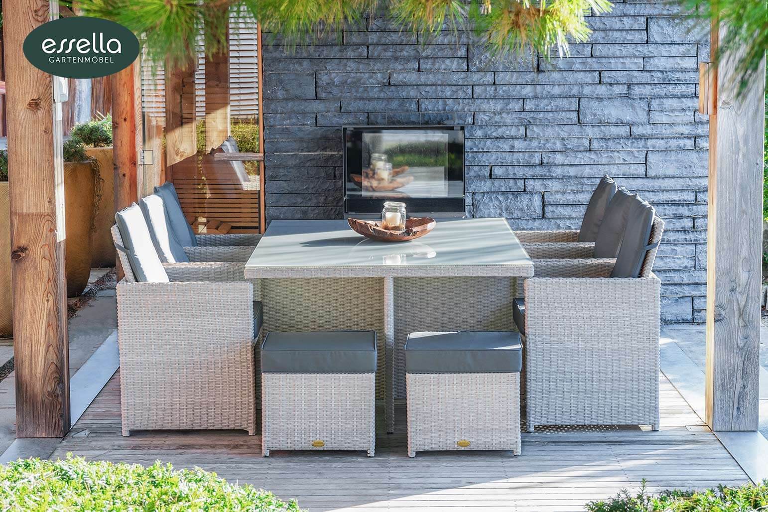 Essella Polyrattan Sitzgruppe "Vienna" : vintage-weiß : halbrundgeflecht : gartenmode.de