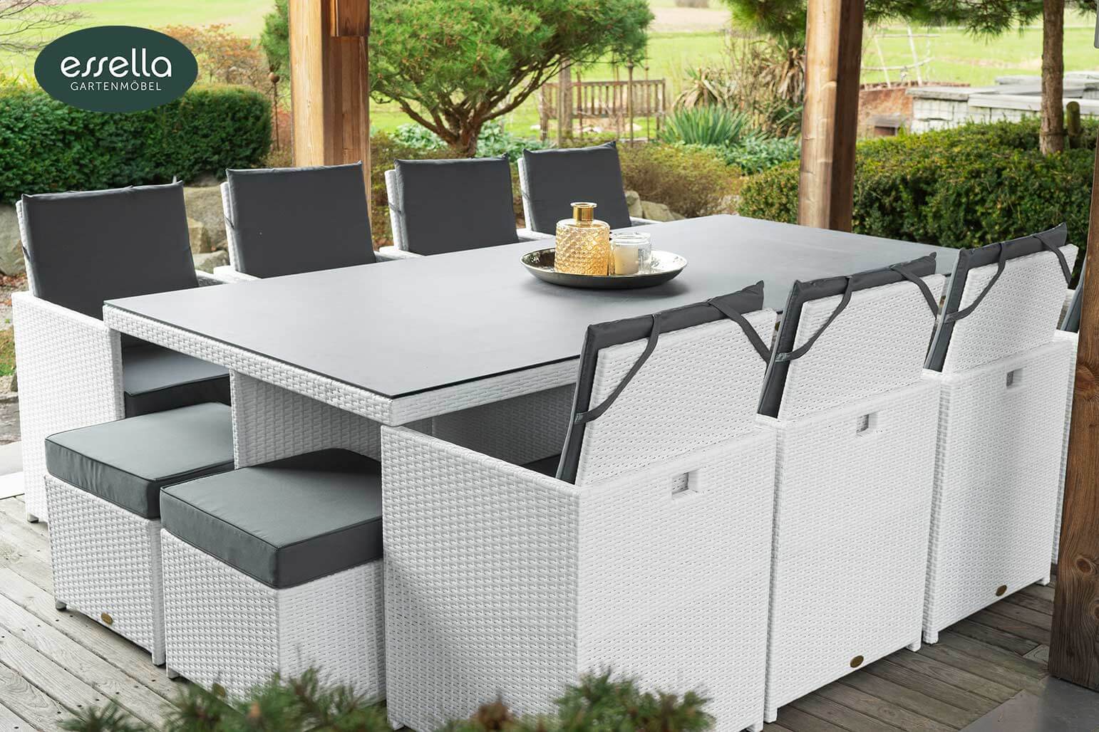 Polyrattan Sitzgruppe Vienna 8-Personen Flachgeflecht weiß Keramik 