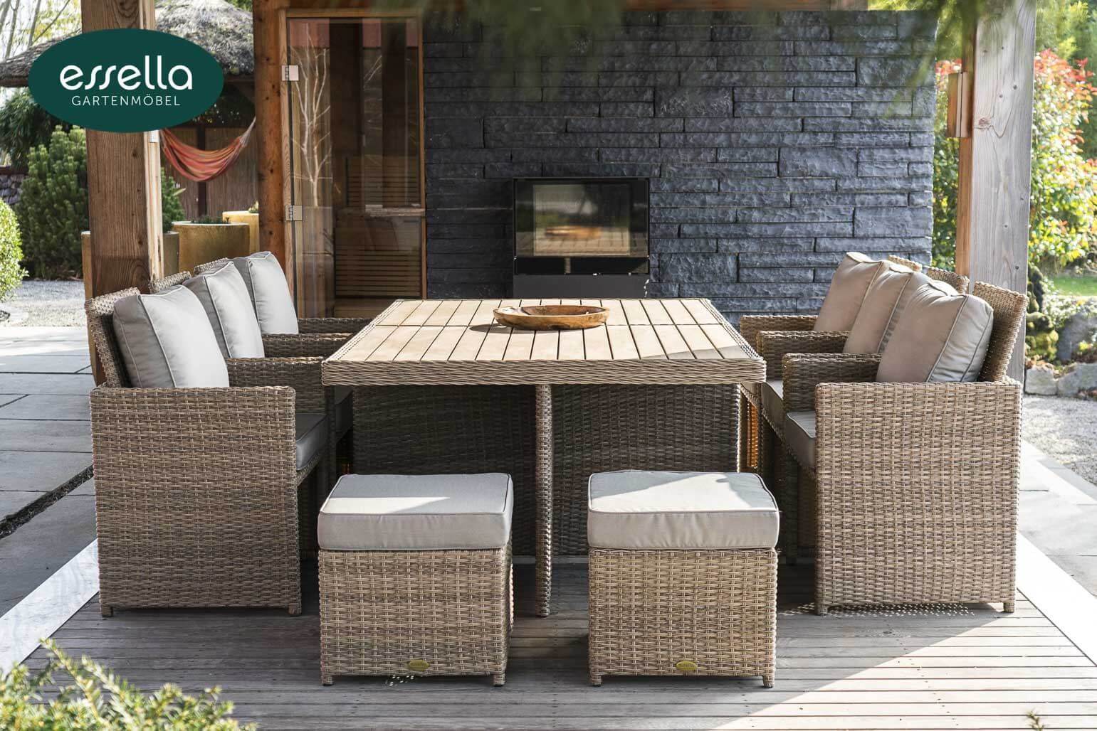 Essella Polyrattan Sitzgruppe "Vienna 6 er" : hellbraun : rundgeflecht - optik : polywood - Tischplatte : gartenmode.de