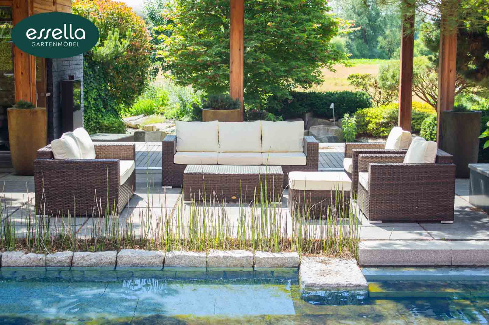 Essella Polyrattan Sitzgruppe "Bahamas" : bicolor-braun : flachgeflecht : gartenmode.de
