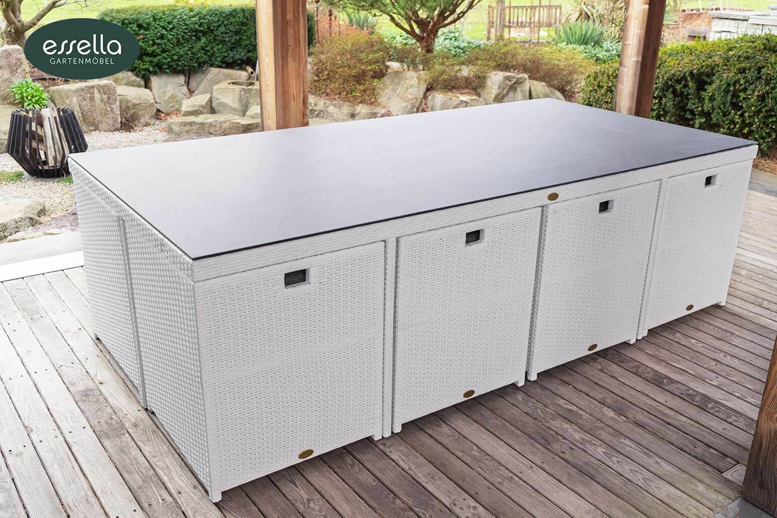 Polyrattan Sitzgruppe Vienna 8-Personen Flachgeflecht weiß Keramik 