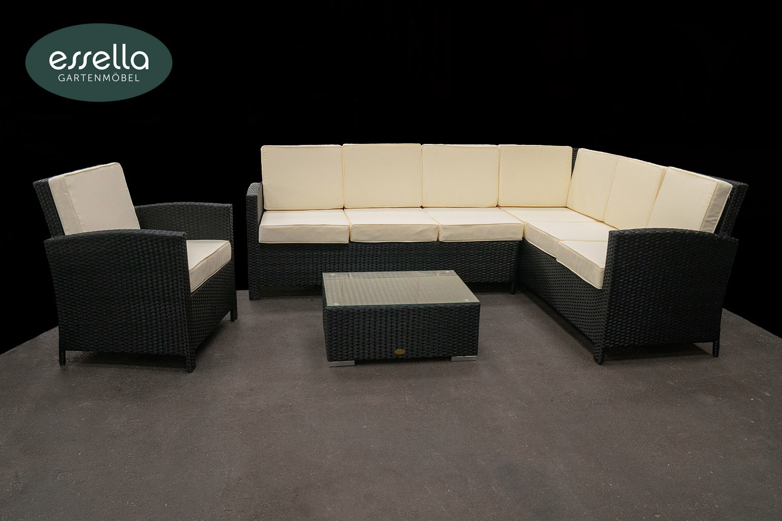 Einzelstück Polyrattan Sitzgruppe Berlin 7-Personen Flachgeflecht schwarz