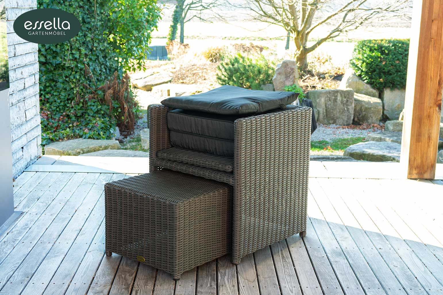 Polyrattan Sitzgruppe Vienna 6-Personen Rundgeflecht Keramikplatte Grau Rundgeflecht